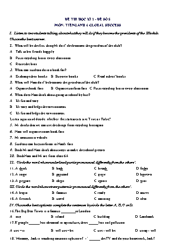 Đề thi học kì 2 môn Tiếng Anh Lớp 6 (Global Success) - Đề số 5 (Có đáp án)