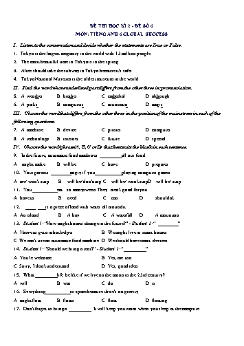 Đề thi học kì 2 môn Tiếng Anh Lớp 6 (Global Success) - Đề số 6 (Có đáp án)