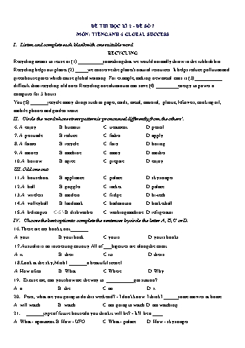 Đề thi học kì 2 môn Tiếng Anh Lớp 6 (Global Success) - Đề số 7 (Có đáp án)