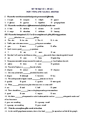 Đề thi học kì 2 môn Tiếng Anh Lớp 7 (Global Success) - Đề số 1 (Có đáp án)