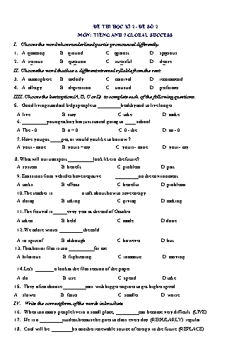 Đề thi học kì 2 môn Tiếng Anh Lớp 7 (Global Success) - Đề số 2 (Có đáp án)