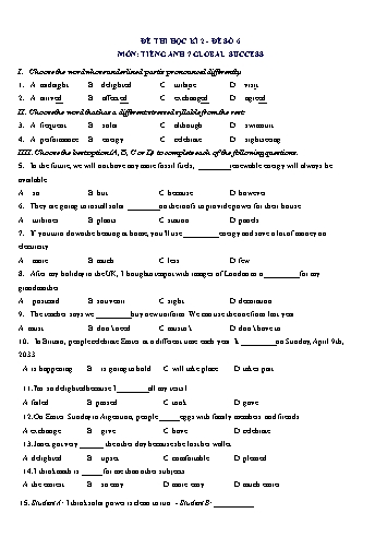 Đề thi học kì 2 môn Tiếng Anh Lớp 7 (Global Success) - Đề số 6 (Có đáp án)