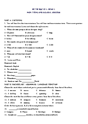Đề thi học kì 2 môn Tiếng Anh Lớp 8 (Global Success) - Đề số 2 (Có đáp án)