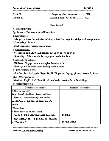 Giáo án Tiếng Anh 3 Global success (CV2345) - Tuần 10 - Năm học 2022-2023 - Le Thi Manh Huong