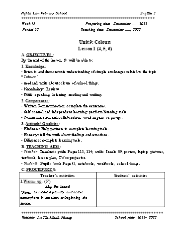 Giáo án Tiếng Anh 3 Global success (CV2345) - Tuần 15 - Năm học 2022-2023 - Le Thi Manh Huong