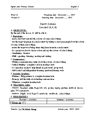 Giáo án Tiếng Anh 3 Global success (CV2345) - Tuần 16 - Năm học 2022-2023 - Le Thi Manh Huong