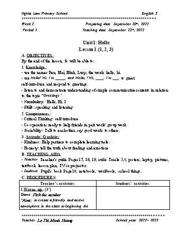 Giáo án Tiếng Anh 3 Global success (CV2345) - Tuần 2 - Năm học 2022-2023 - Le Thi Manh Huong