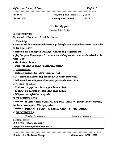 Giáo án Tiếng Anh 3 Global success (CV2345) - Tuần 28 - Năm học 2022-2023 - Le Thi Manh Huong