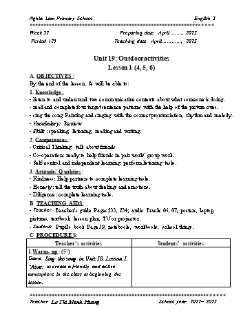 Giáo án Tiếng Anh 3 Global success (CV2345) - Tuần 32 - Năm học 2022-2023 - Le Thi Manh Huong