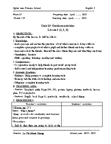 Giáo án Tiếng Anh 3 Global success (CV2345) - Tuần 33 - Năm học 2022-2023 - Le Thi Manh Huong