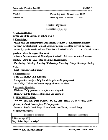 Giáo án Tiếng Anh 4 Global Success (Bản 2 cột) - Tuần 5 - Năm học 2023-2024 - Le Thi Manh Huong