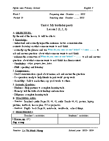 Giáo án Tiếng Anh 4 Global Success (Bản 2 cột) - Tuần 7 - Năm học 2023-2024 - Le Thi Manh Huong