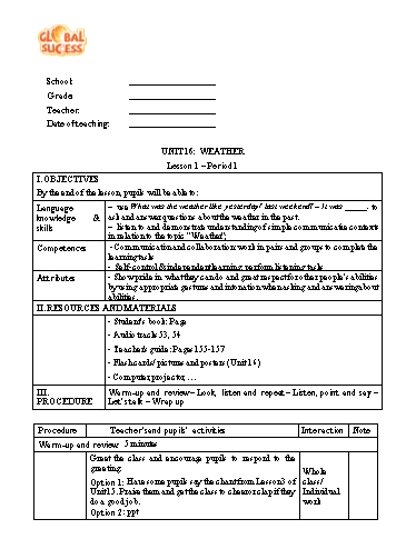 Giáo án Tiếng Anh 4 Global Success (CV2345) - Unit 16: Weather