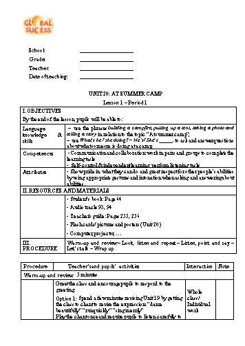 Giáo án Tiếng Anh 4 Global Success (CV2345) - Unit 20: At Summer Camp