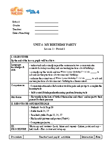 Giáo án Tiếng Anh 4 Global Success (CV2345) - Unit 4: My Birthday Party