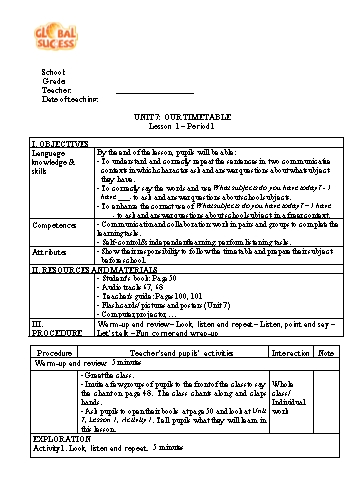 Giáo án Tiếng Anh 4 Global Success (CV2345) - Unit 7: Our Timetable