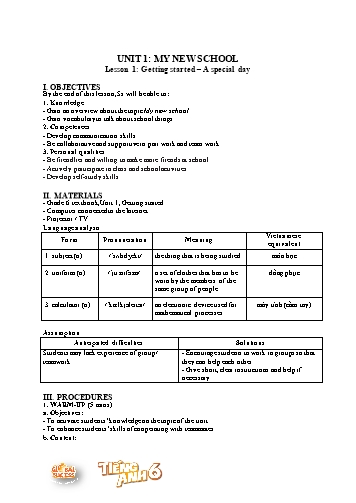 Giáo án Tiếng Anh 6 Global success (CV5512) - Unit 1: My new school