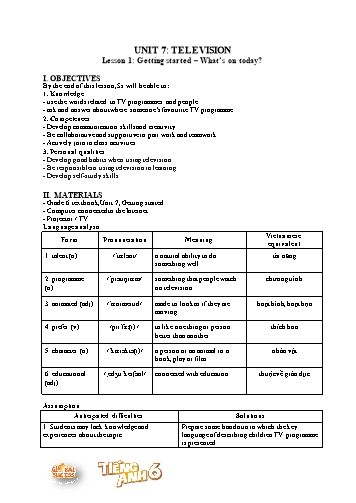 Giáo án Tiếng Anh 6 Global success (CV5512) - Unit 7: Television