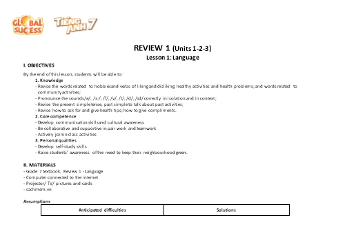 Giáo án Tiếng Anh 7 (Global Success) - Review 1 (Unit 1+2+3). Lesson 1+2