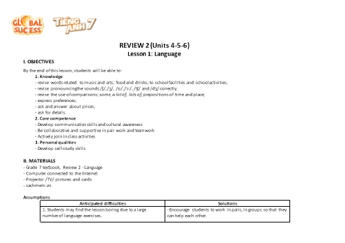 Giáo án Tiếng Anh 7 (Global Success) - Review 2 (Unit 4+5+6). Lesson 1+2