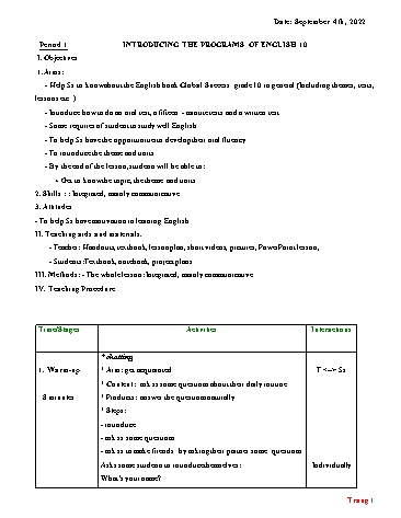 Giáo án Tiếng Anh Lớp 10 (Global success) - Năm học 2022-2023