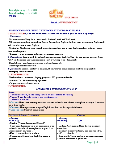 Giáo án Tiếng Anh Lớp 10 (Global Success) - Period 1 to 3 - Unit 1: My Family - Năm học 2022-2023 - THPT Phạm Hồng Thái