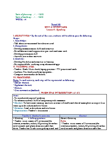 Giáo án Tiếng Anh Lớp 10 (Global Success) - Period 40 to 42 - Unit 5: Inventions - Năm học 2022-2023