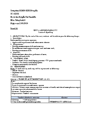 Giáo án Tiếng Anh Lớp 10 (Global Success) - Period 56 to 58 - Unit 6: Gender Equality. Lesson 4+5+6 - Năm học 2023-2024 - Nguyễn Thị Thanh Hà