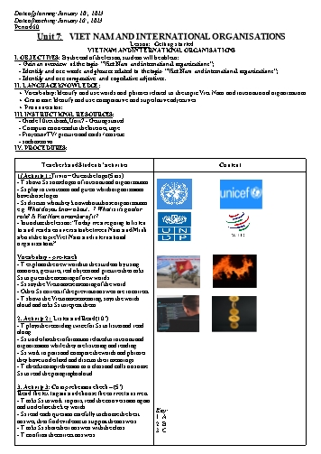 Giáo án Tiếng Anh Lớp 10 (Global success) - Period 60 to 67 - Unit 7: Viet Nam and International Organisations - Năm học 2022-2023