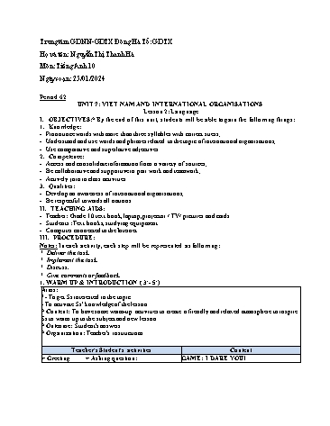 Giáo án Tiếng Anh Lớp 10 (Global Success) - Period 62, Unit 7: Viet Nam and International Organisations. Lesson 2: Language - Năm học 2023-2024 - Nguyễn Thị Thanh Hà