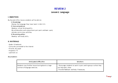 Giáo án Tiếng Anh Lớp 10 (Global success) - Review 2