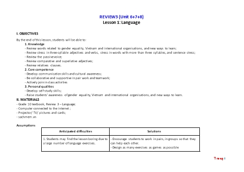 Giáo án Tiếng Anh Lớp 10 (Global success) - Review 3 (Unit 6+7+8)