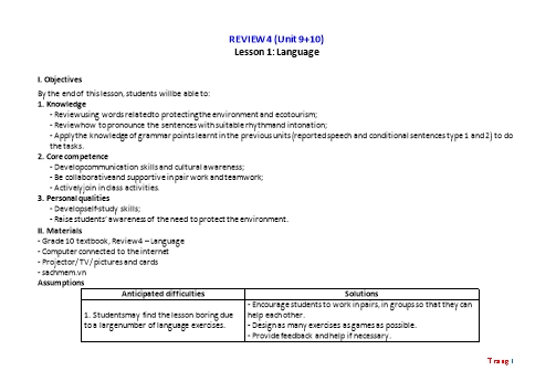 Giáo án Tiếng Anh Lớp 10 (Global success) - Review 4 (Unit 9+10)