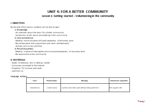 Giáo án Tiếng Anh Lớp 10 (Global success) - Unit 4: For a Better Community