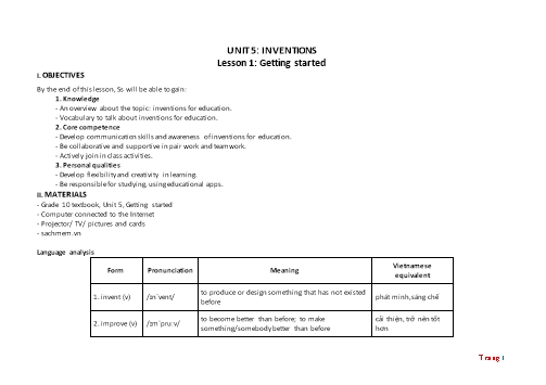 Giáo án Tiếng Anh Lớp 10 (Global success) - Unit 5: Inventions