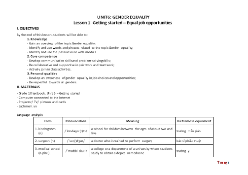 Giáo án Tiếng Anh Lớp 10 (Global success) - Unit 6: Gender Equality