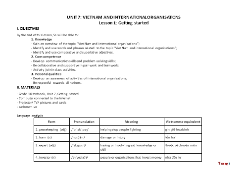 Giáo án Tiếng Anh Lớp 10 (Global success) - Unit 7: Viet Nam and International Organisations