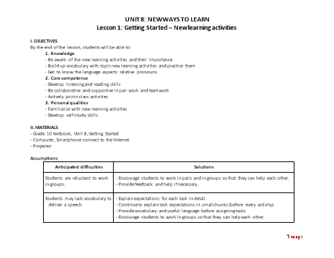 Giáo án Tiếng Anh Lớp 10 (Global success) - Unit 8: New ways to learn