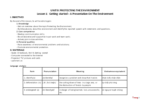 Giáo án Tiếng Anh Lớp 10 (Global success) - Unit 9: Protecting The Environment