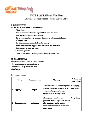 Giáo án Tiếng Anh Lớp 11 (Global success) - Unit 4: ASEAN and Viet Nam