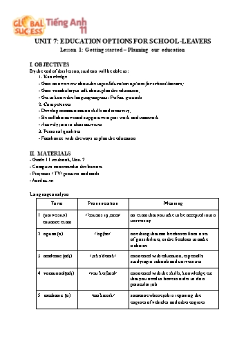 Giáo án Tiếng Anh Lớp 11 (Global success) - Unit 7: Education Options For School-Leavers