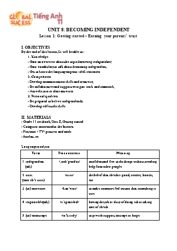 Giáo án Tiếng Anh Lớp 11 (Global success) - Unit 8: Becoming Independent