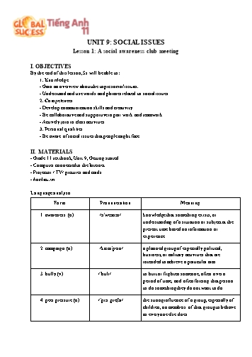 Giáo án Tiếng Anh Lớp 11 (Global success) - Unit 9: Social Issues