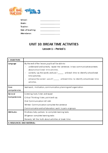 Giáo án Tiếng Anh Lớp 3 (Global success) - Unit 10: Break time activities