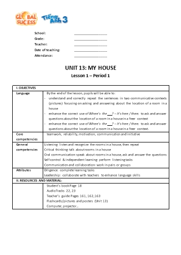 Giáo án Tiếng Anh Lớp 3 (Global success) - Unit 13: My house