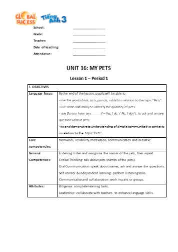 Giáo án Tiếng Anh Lớp 3 (Global success) - Unit 16: My pets