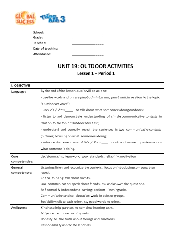 Giáo án Tiếng Anh Lớp 3 (Global success) - Unit 19: Outdoor activities