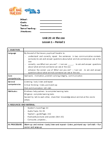 Giáo án Tiếng Anh Lớp 3 (Global success) - Unit 20: At the zoo