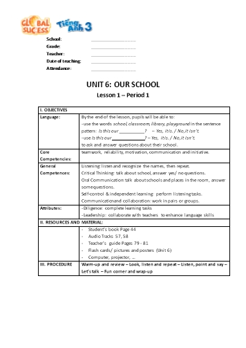 Giáo án Tiếng Anh Lớp 3 (Global success) - Unit 6: Our school