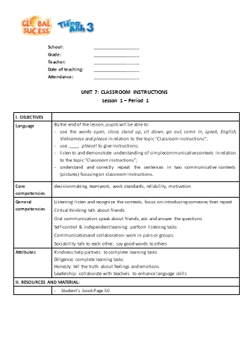 Giáo án Tiếng Anh Lớp 3 (Global success) - Unit 7: Classroom instructions